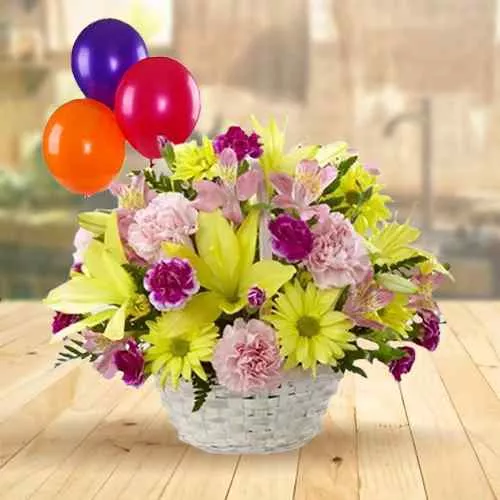 Dazzling Flowers Basket with Balloons