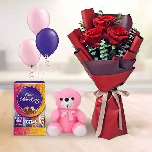 Online Gift Hamper of Fresh Roses, Chocolates, Teddy n Balloons