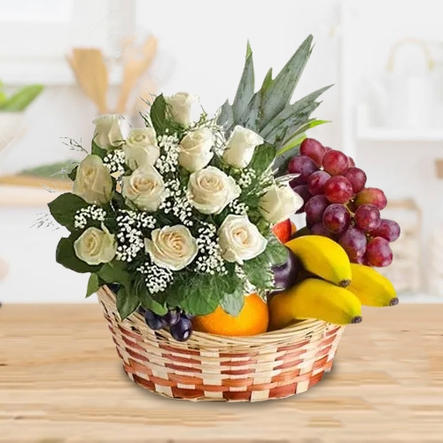 Touching Basket	of Fresh Fruits with White Roses Bunch