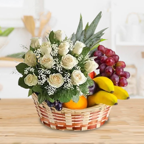 Send Basket of White Roses N Fruits