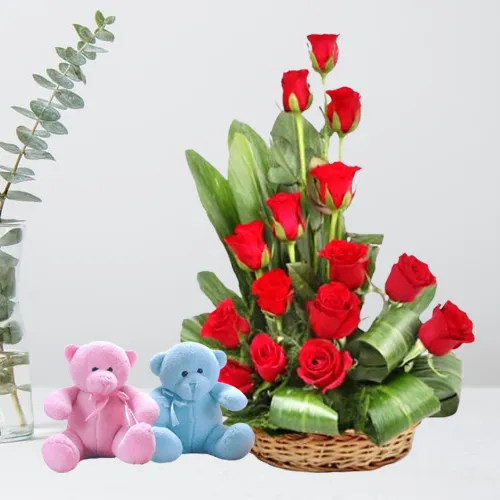 Smart-Looking Red Roses Arrangement with Twin Teddy