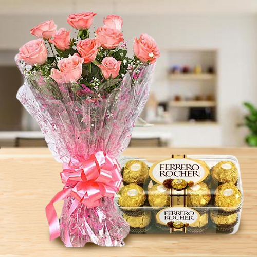 Pink Roses Bunch with Ferrero Rocher Chocolates