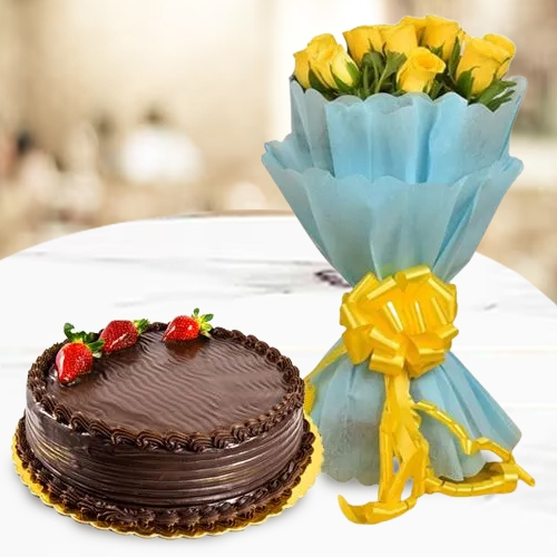 Yellow Rose Bunch with Chocolate Cake
