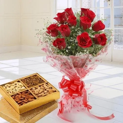 Exclusive 12 Red Roses along with yummy mixed Dry Fruits