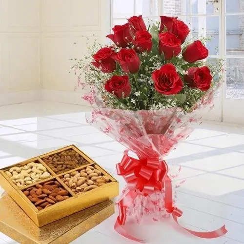 Send Exclusive Red Roses with yummy mixed Dry Fruits for Mothers Day 