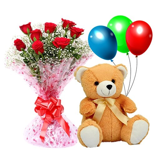 Send Gift of Red Roses, Teddy n Balloons for Rose Day