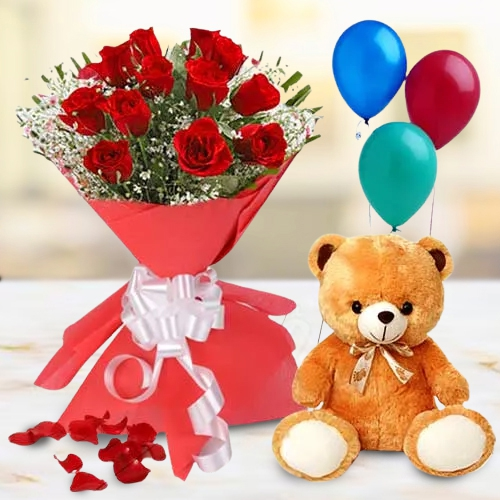 Red Roses with Teddy and Balloons