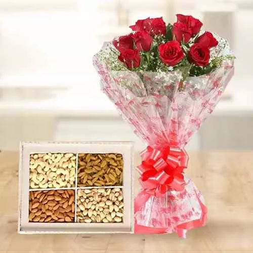 Mixed Dry Fruits N Red Roses Bunch