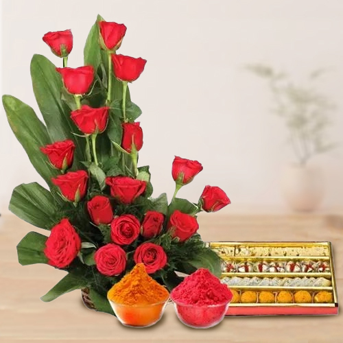 Exquisite 18 Red  Roses with delicious heavenly mixed Sweets