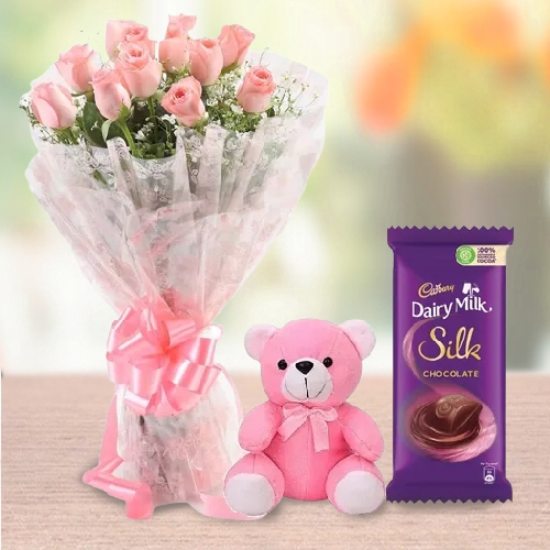 Shop Pink Roses Bouquet, Teddy N Chocolates Online