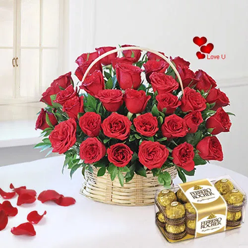 V-Day Combo of Ferrero Rocher N Red Roses Basket