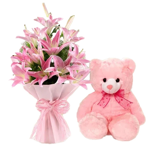 Bouquet of Pink Lilies with Teddy for Teddy Day