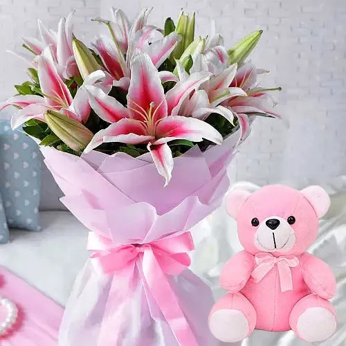 Gift Combo of Cute Teddy with Pink Lily Bouquet
