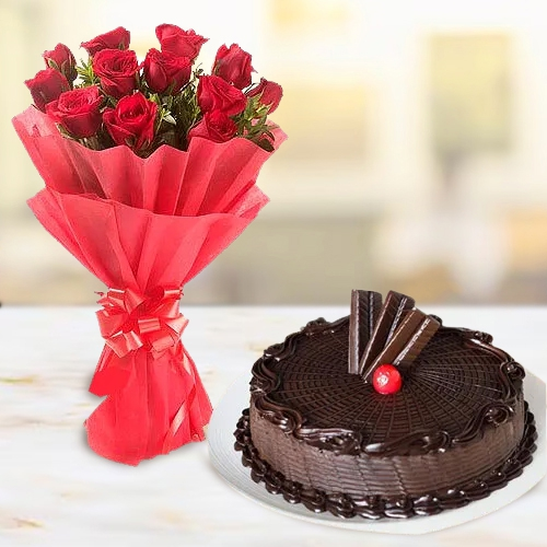 Delish Choco Cake with Red Roses Bouquet