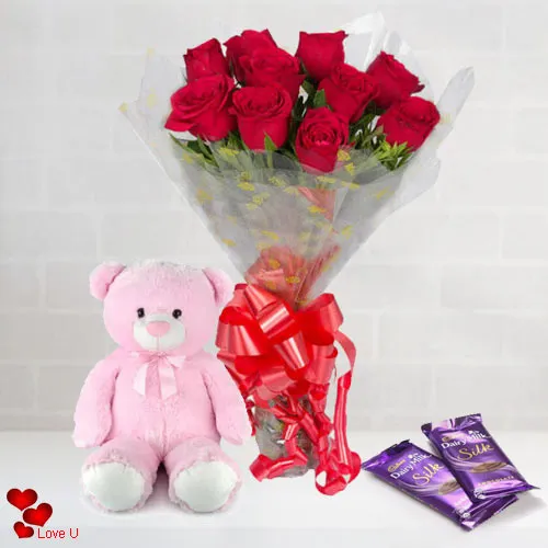V-Day Combo of Red Roses Bouquet, Teddy N Chocolates