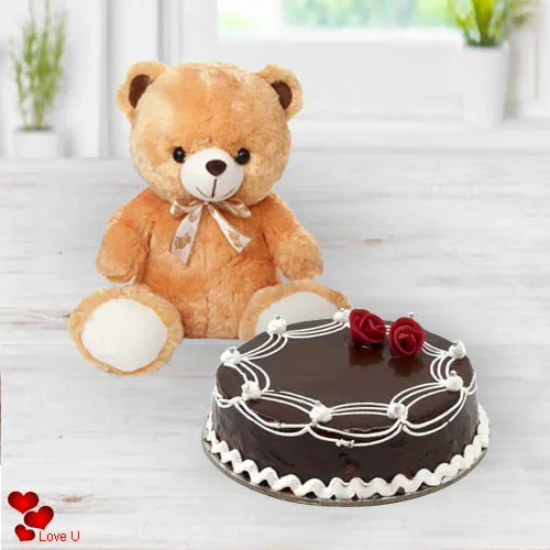 Special Teddy Day Gift of Soft Brown Teddy with Chocolate Cake