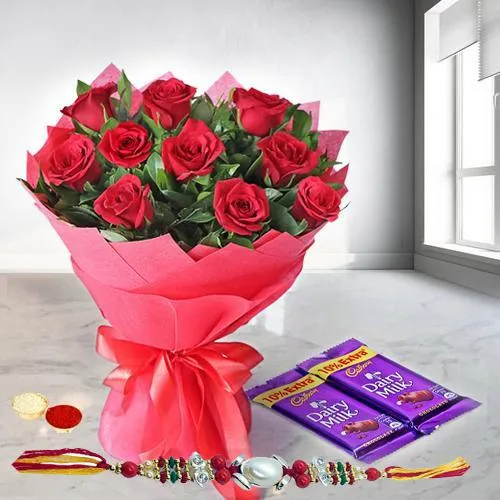 Sweet Sensation Rose Bouquet with Dairy Milk Chocolates with Rakhi and Roli Tilak Chawal