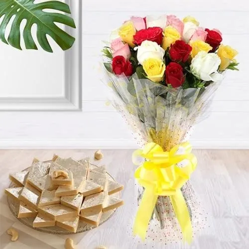 Order Charming assorted Roses with delicious Kaju Barfi delight