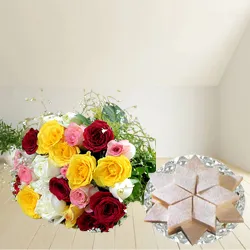 Deliver Kaju Barfi with Mixed Roses Bouquet