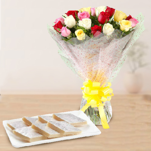 Tasty Kaju Barfi with Mixed Roses Bouquet