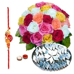 Exciting Kaju Katli and 24 Mixed Roses Bouquet