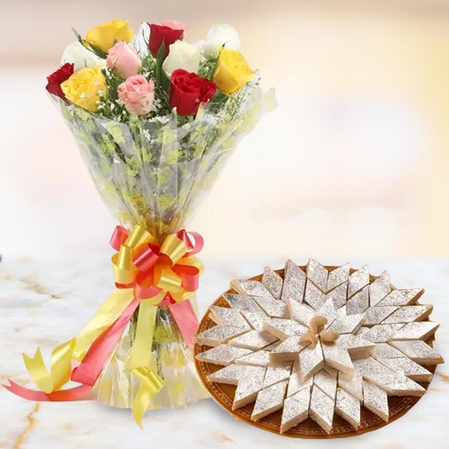 Deliver Mixed Roses N Kaju Barfi 