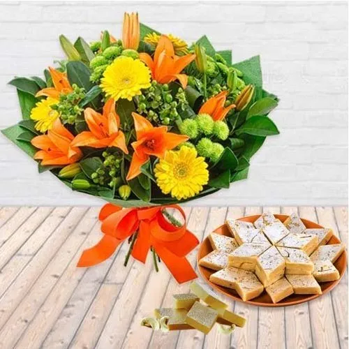 Get Beautiful fresh Seasonal Flower and delectable Kaju Barfi for Mom 