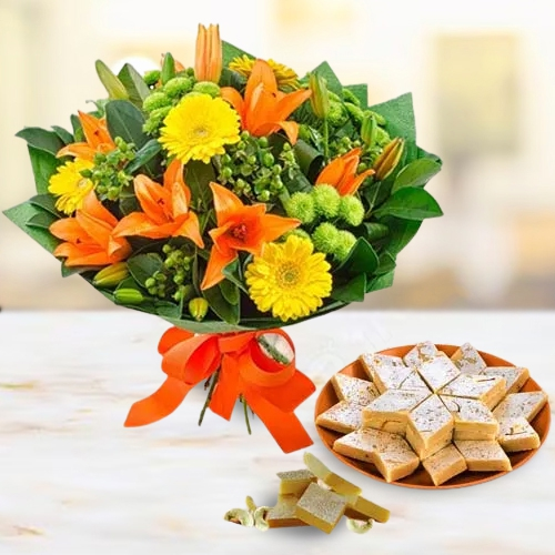 Deliver Kaju Barfi with Mixed Flowers