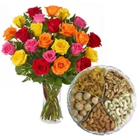 Delicious Assorted Dry Fruits with Bouquet of Mixed Colour Roses