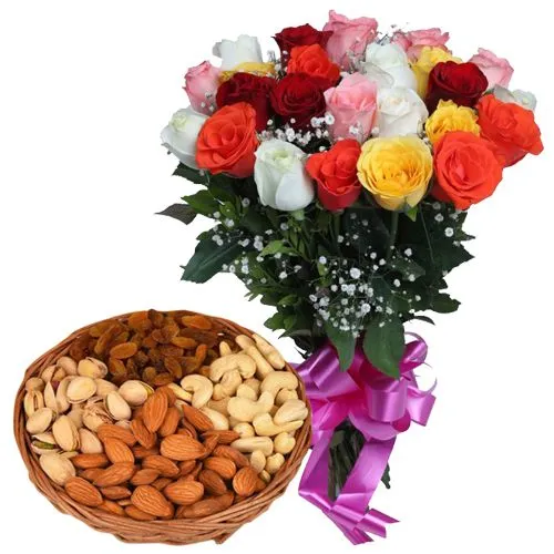 Send 1 Kg. Assorted Dry Fruits with Bouquet of 24 Mixed Colour Roses to India.