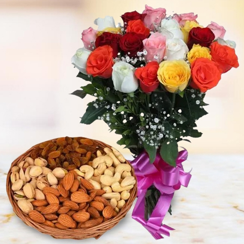 Send Colorful Roses Bunch with Dry Fruits