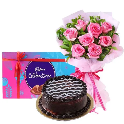 Buy Arrangement of Pink Roses, Cake and Cadbury Celebrations