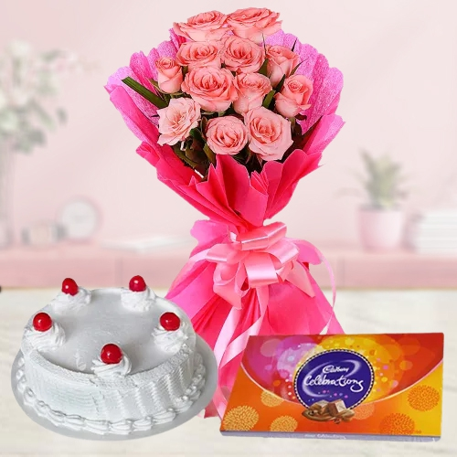 Yummy Cadbury Celebration with Cake and Pink Rose Bouquet
