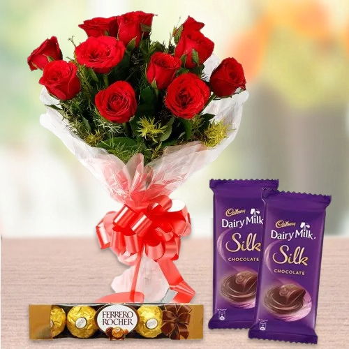 Send Dairy Milk Silk, Ferrero Rocher, and Red Rose Bouquet Online