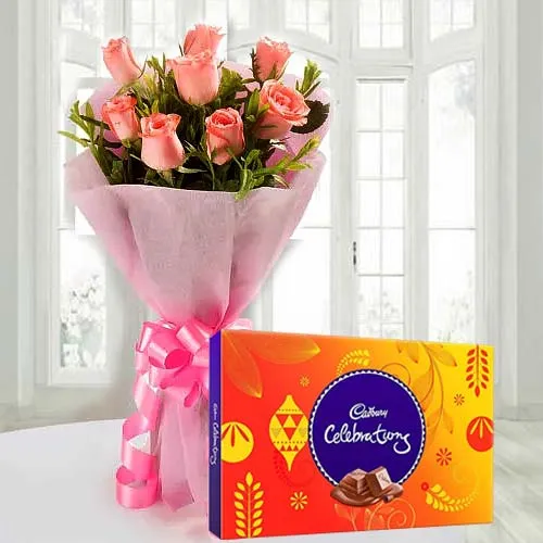 Order Pink Roses Bouquet and Cadbury Celebration