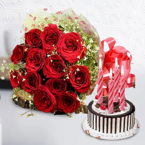 Marvelous Red Roses Bunch with Black Forest Cake