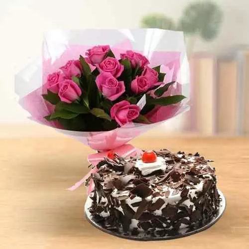 Shop Pink Roses with Black Forest Cake