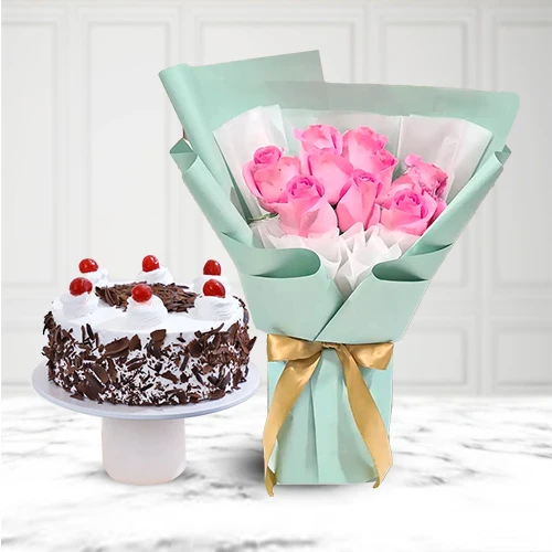 Send Cake with Pink Roses Bouquet