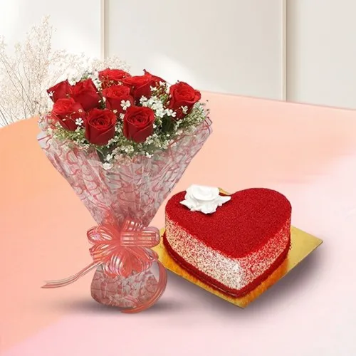 Heart Shape Red Velvet Cake with Red Rose Bouquet for Valentines Day