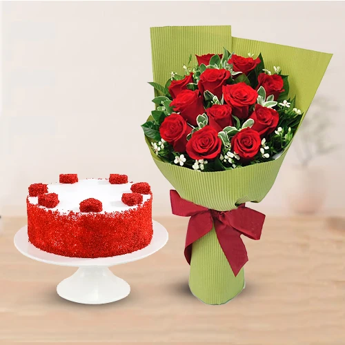 Deliver Red Roses Bouquet N Red Velvet Cake Online