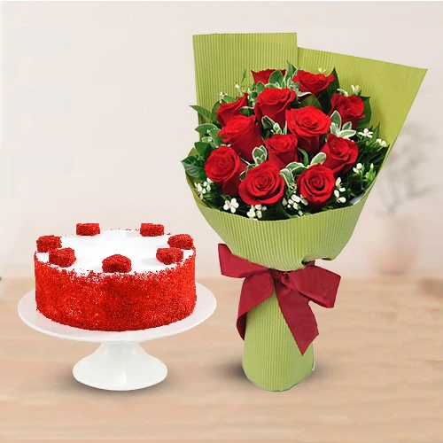 Marvelous Red Rose Bouquet with Black Forest Cake N Teddy to Varanasi, India