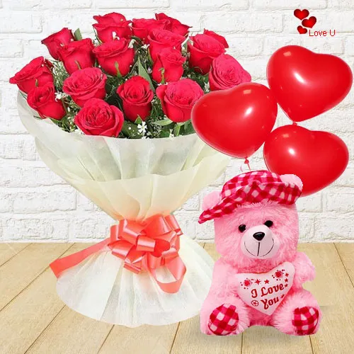 Red Rose Bouquet with Teddy and Balloons