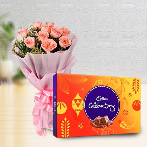 Send Combo of Pink Roses Bouquet and Cadbury Celebrations Pack