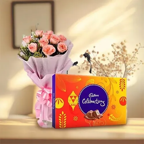 Send Combo of Pink Roses Bouquet and Cadbury Celebrations Pack