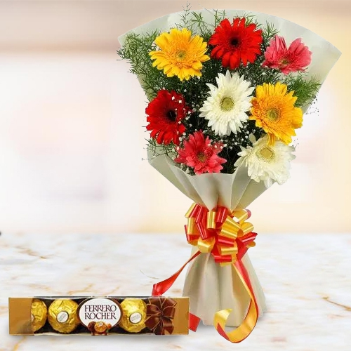 Combo Pack of Ferrero Rocher Chocolate and Gerberas Bouquet
