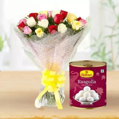 Deliver Combo of Mixed Roses with Haldirams Rasgulla