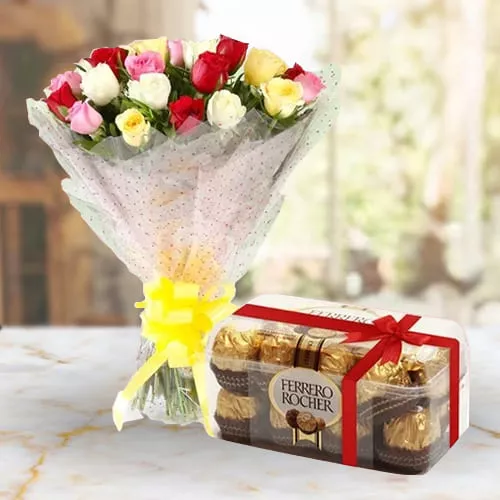 Delectable Ferrero Rocher Chocolates with Mixed Roses Bouquet