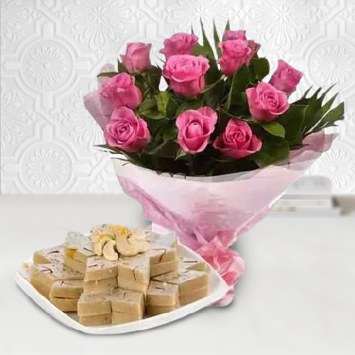 Gift Pink Roses Bouquet with Kaju Katli