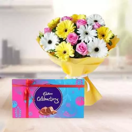 Elegant Mixed Flowers Bouquet with Cadbury Celebrations