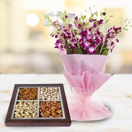 Stunning Combo of Orchids Bouquet and Dry Fruits Tray